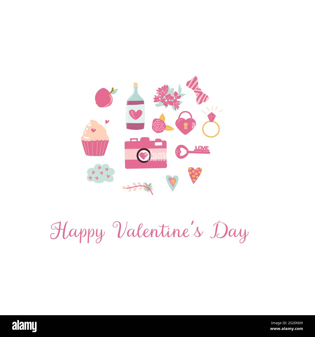 Icônes de célébration de la Saint-Valentin avec des décorations sur le thème de l'amour. Illustration de Vecteur