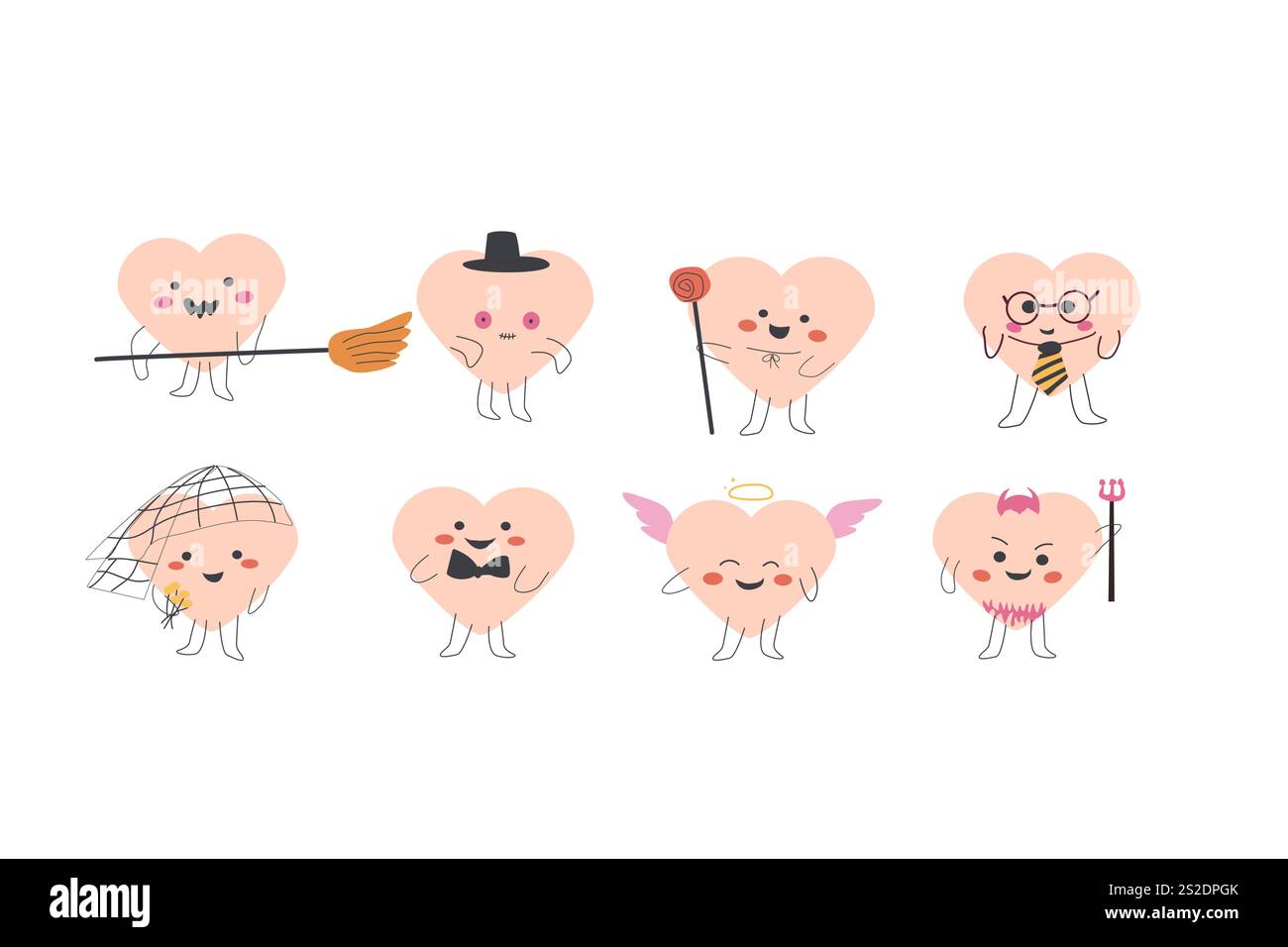 Adorables personnages de coeur dans divers costumes et rôles amusants. Illustration de Vecteur