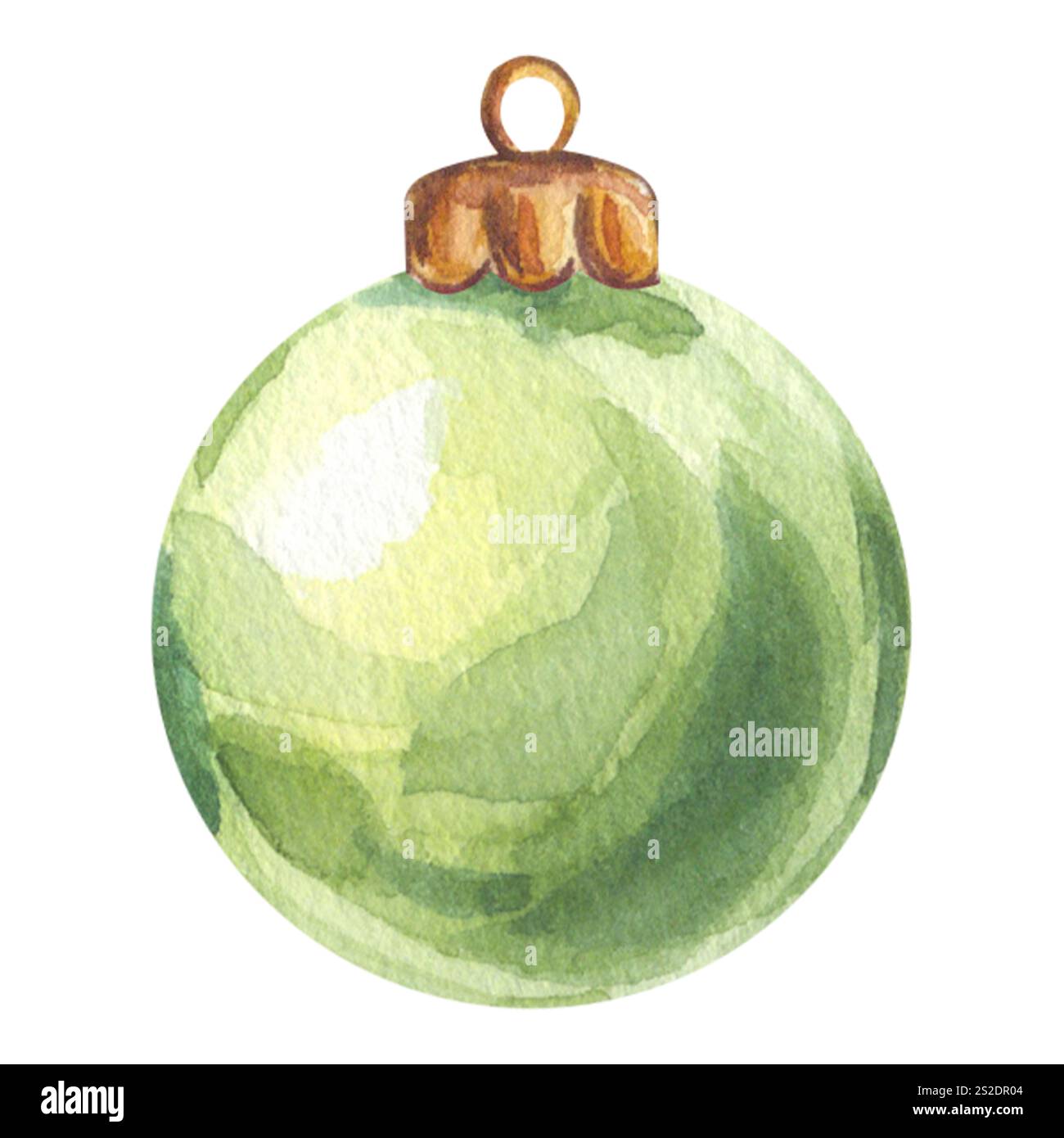 Jouet arbre de Noël en forme de boule de verre verte. Décorations brillantes en cristal brillant du nouvel an. Illustration d'aquarelle dessinée à la main isolée sur fond blanc. Pour Banque D'Images