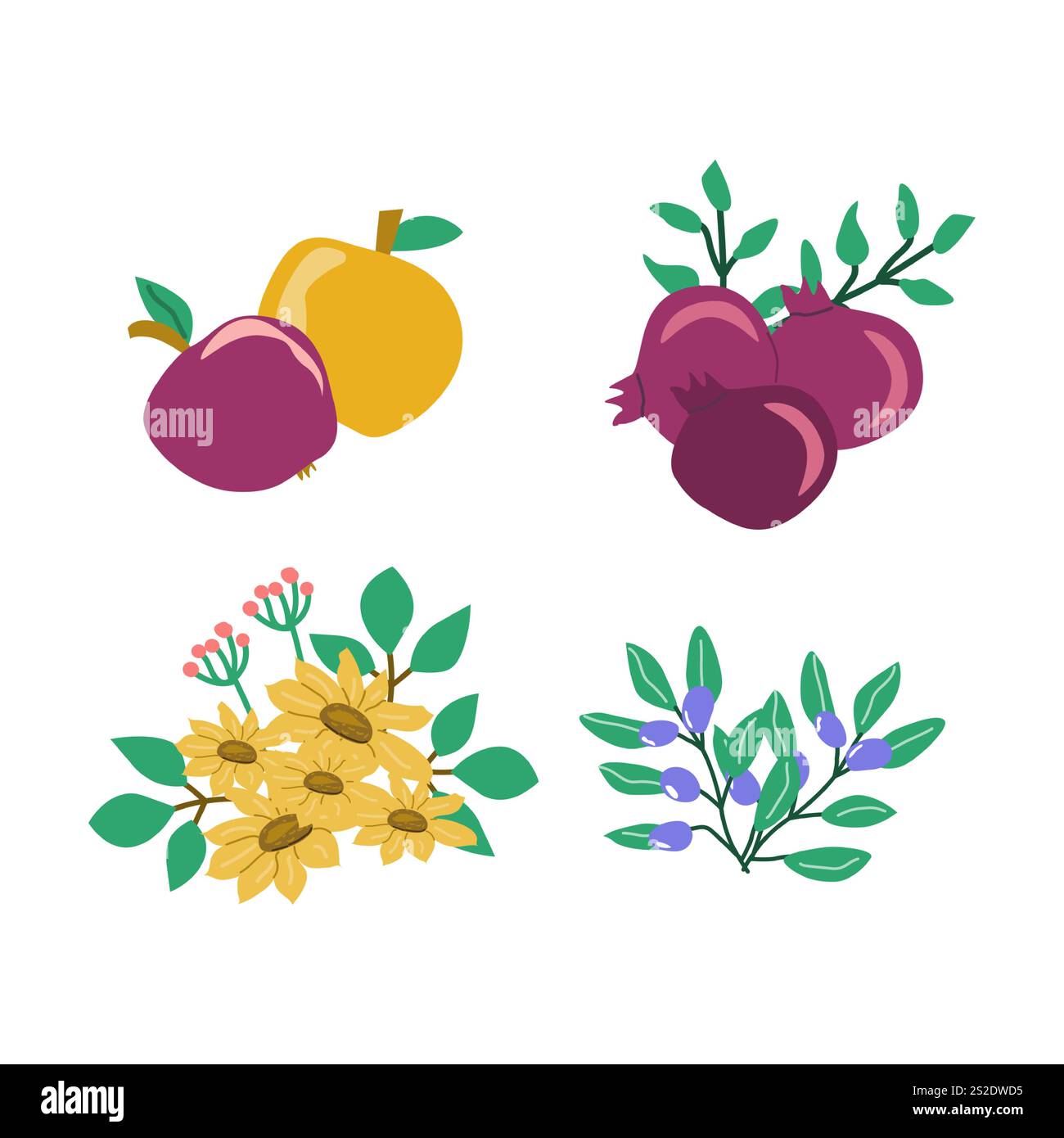 Fruits colorés et icônes florales sur un fond blanc. Illustration de Vecteur Fruits colorés et icônes florales sur un fond blanc. Illustration de Vecteur