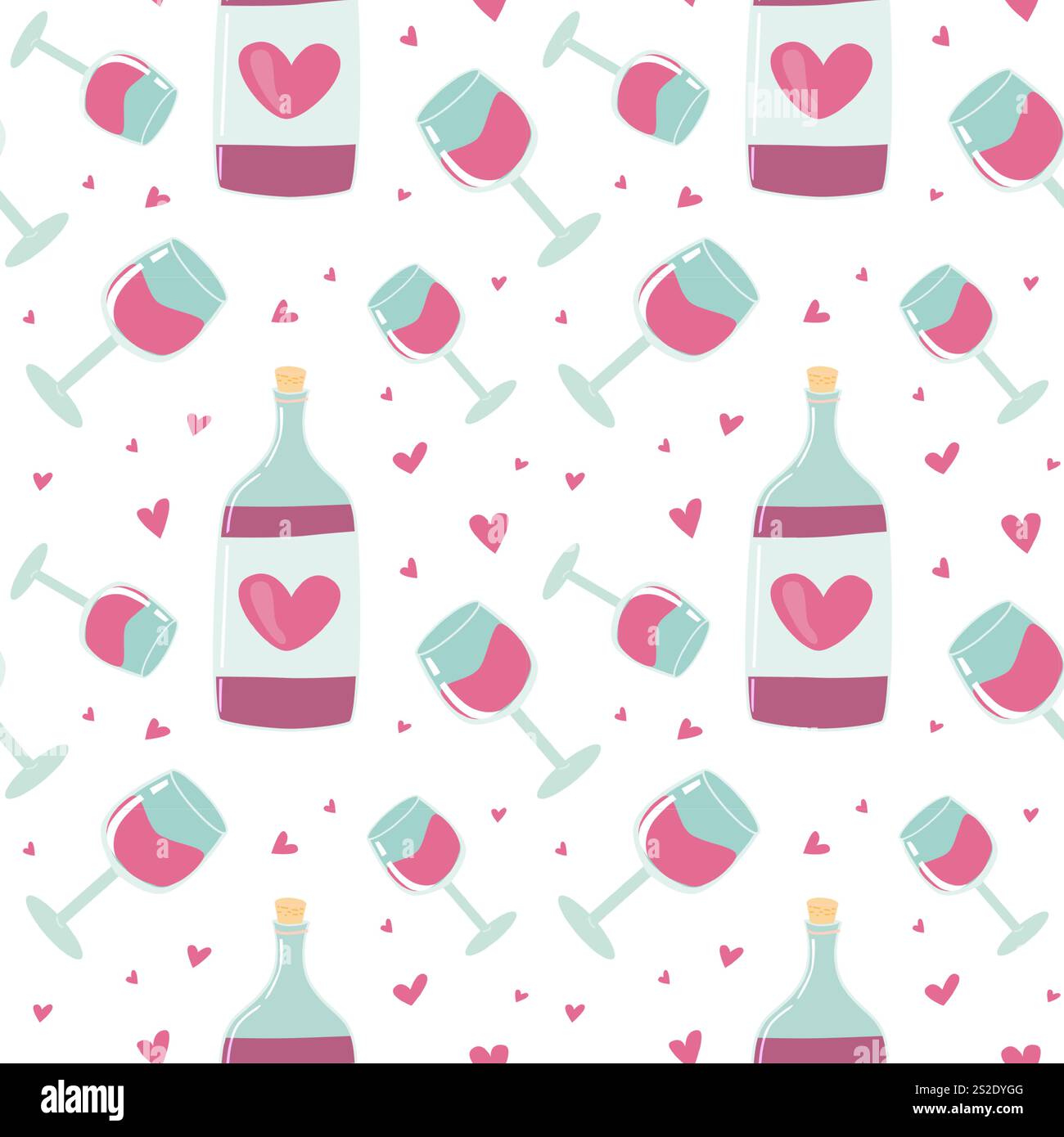 Motif en verre de coeur et de vin sans couture avec des bouteilles sur fond blanc. Illustration de Vecteur