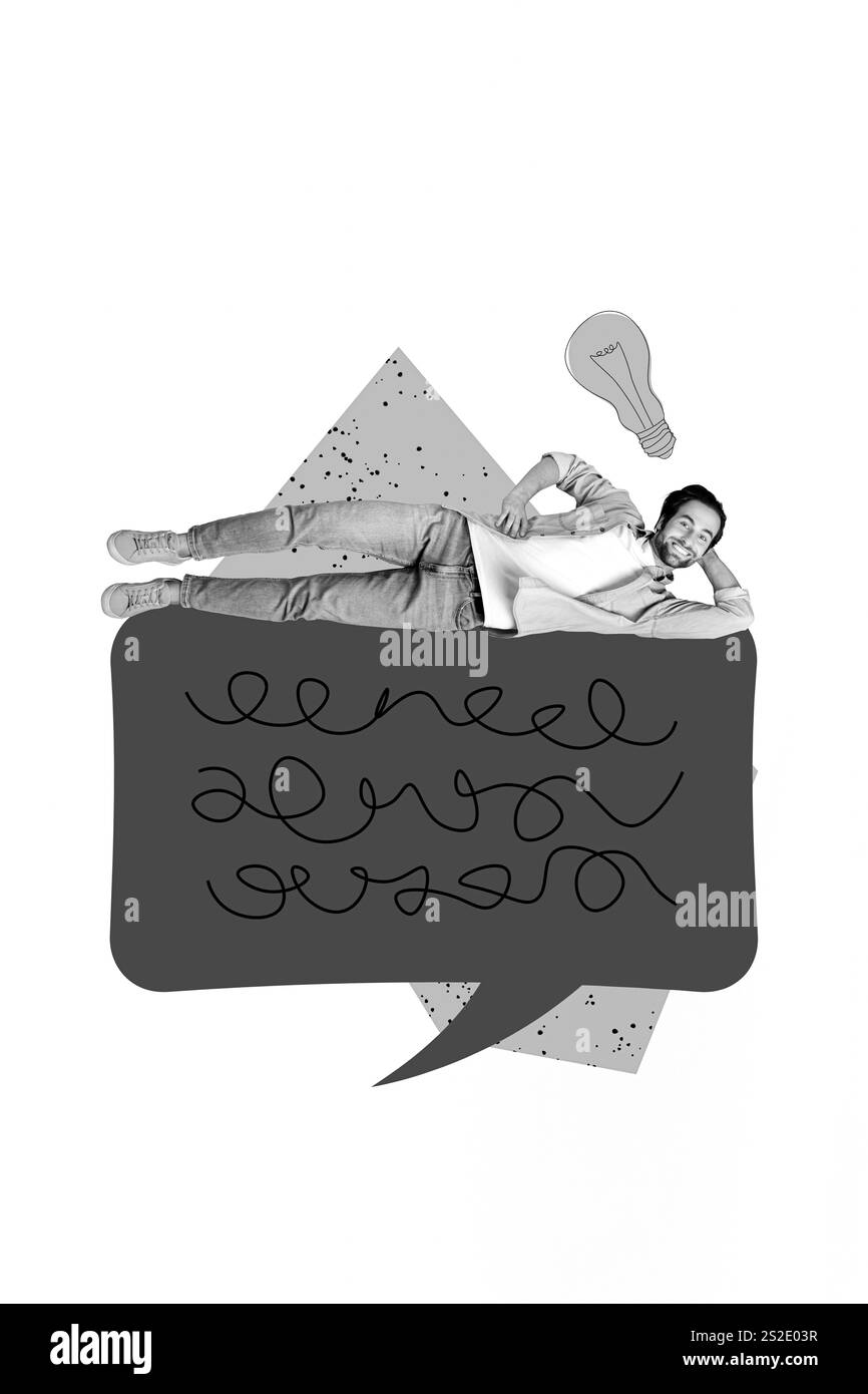 Image de collage vertical de mini effet noir blanc positif Guy pose grande bulle de dialogue communiquer la guerre sauver le soutien ukraine ampoule lumineuse idée Banque D'Images