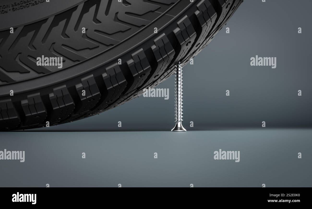 Pneu de voiture roulant sur la vis, causant le concept de problème de crevaison 3d. Banque D'Images