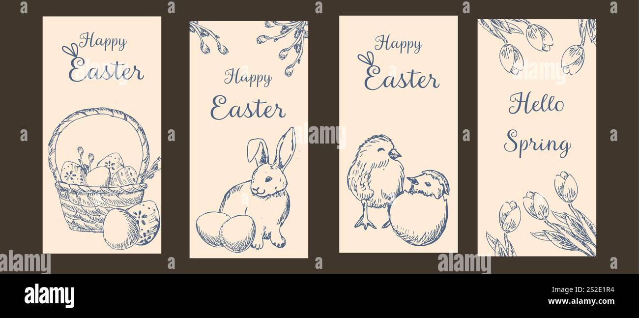 Ensemble de cartes de voeux à encre graphique joyeuses pâques. Esquisse dessinée à la main de lapin, œufs, poulet, fleurs de printemps et roses. Dessin au crayon Illustration de Vecteur