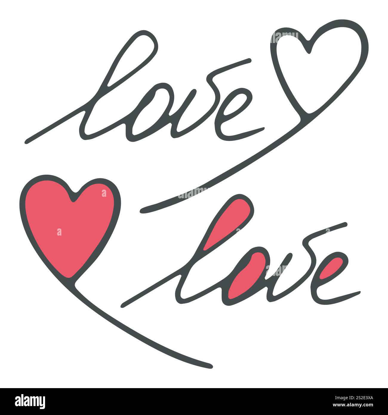 Mot d'amour, composition en forme de coeur pour carte web. Lettrage dessiné à la main, style dessin animé doodle. Écriture de contour, joli design de toile de couleur rouge, isolé Illustration de Vecteur