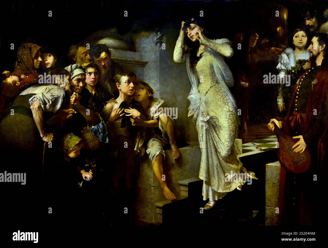 L’épreuve du Bier 1881 par Jenő Gyárfás 1857-1925, Musée des Beaux-Arts, Hongrois, Hongrie, ( ballade de János Arany intitulée épreuve du Bier. Parents et connaissances passent tranquillement devant le corps de Benő Bárczi, mis en état, de peur d'être trouvé comme le meurtrier du jeune homme, car, selon une croyance ancienne, un cadavre commencera à saigner quand son tueur sera à proximité.) Banque D'Images