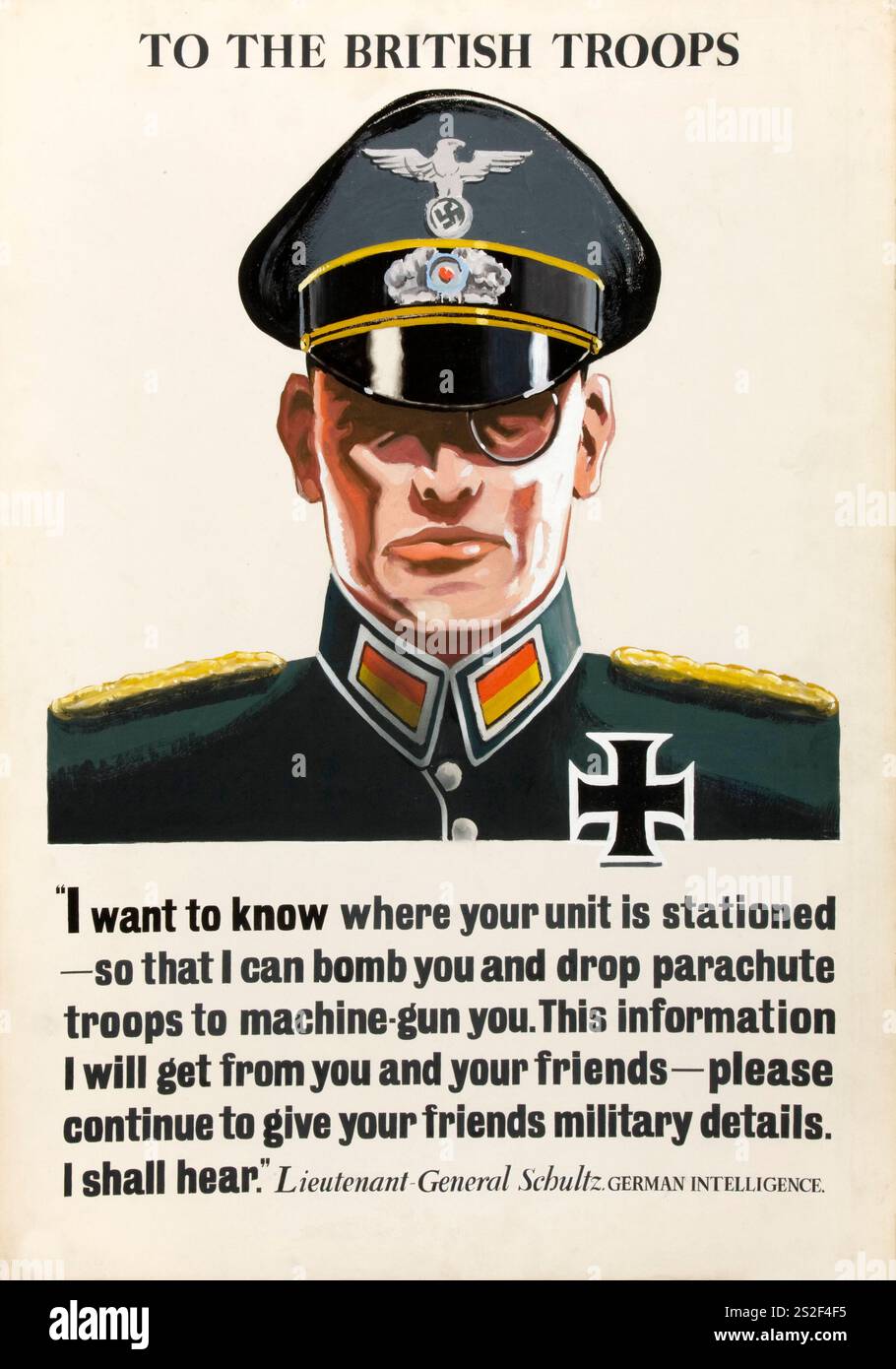 Anti-rumeur et discours négligent officier allemand du renseignement - affiche de propagande de la seconde Guerre mondiale. - Espion nazi aux troupes britanniques Banque D'Images