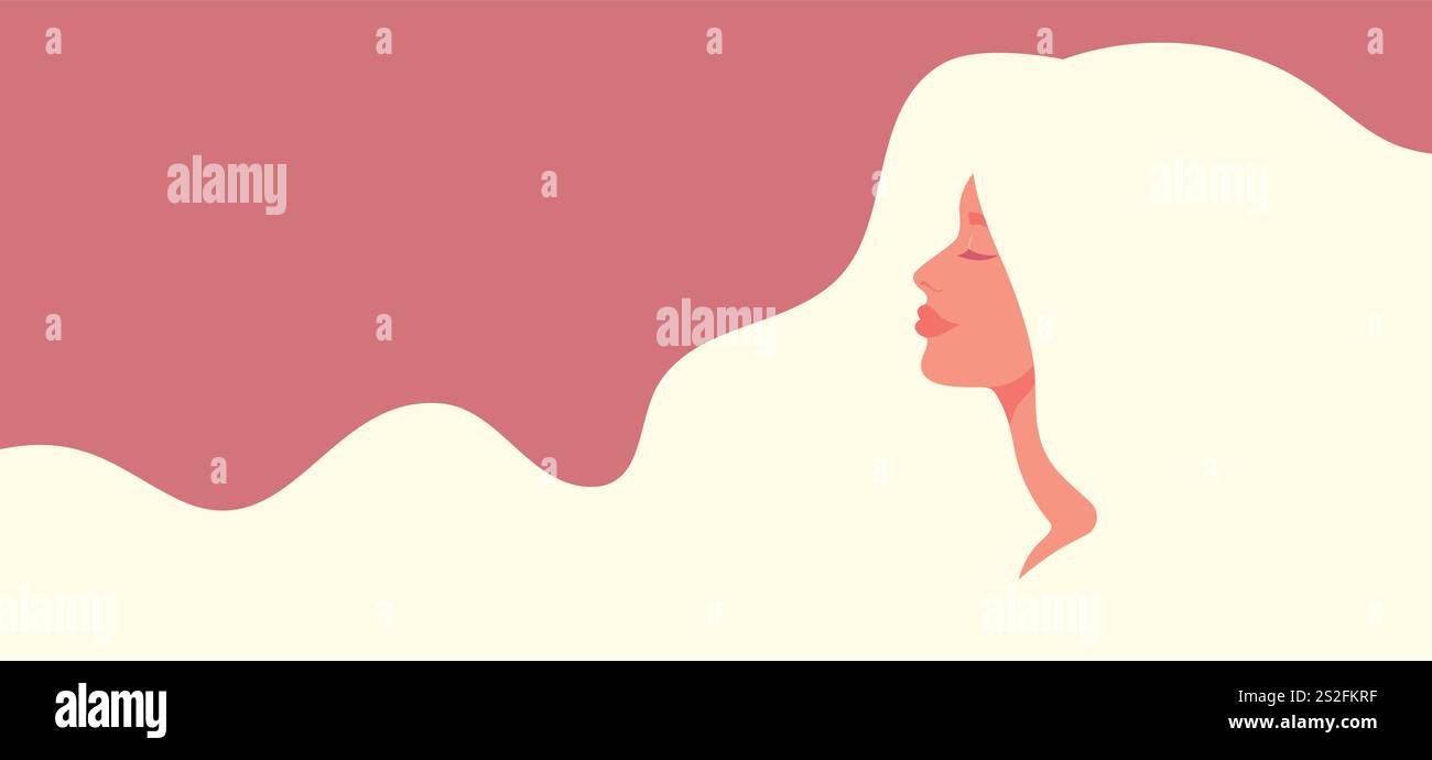 Bannière de beauté avec belle femme blonde avec les cheveux longs dans le profil. Femme avec de longs cheveux coulants. Bannière pour salon de beauté, salon de coiffure, Journée des femmes Illustration de Vecteur