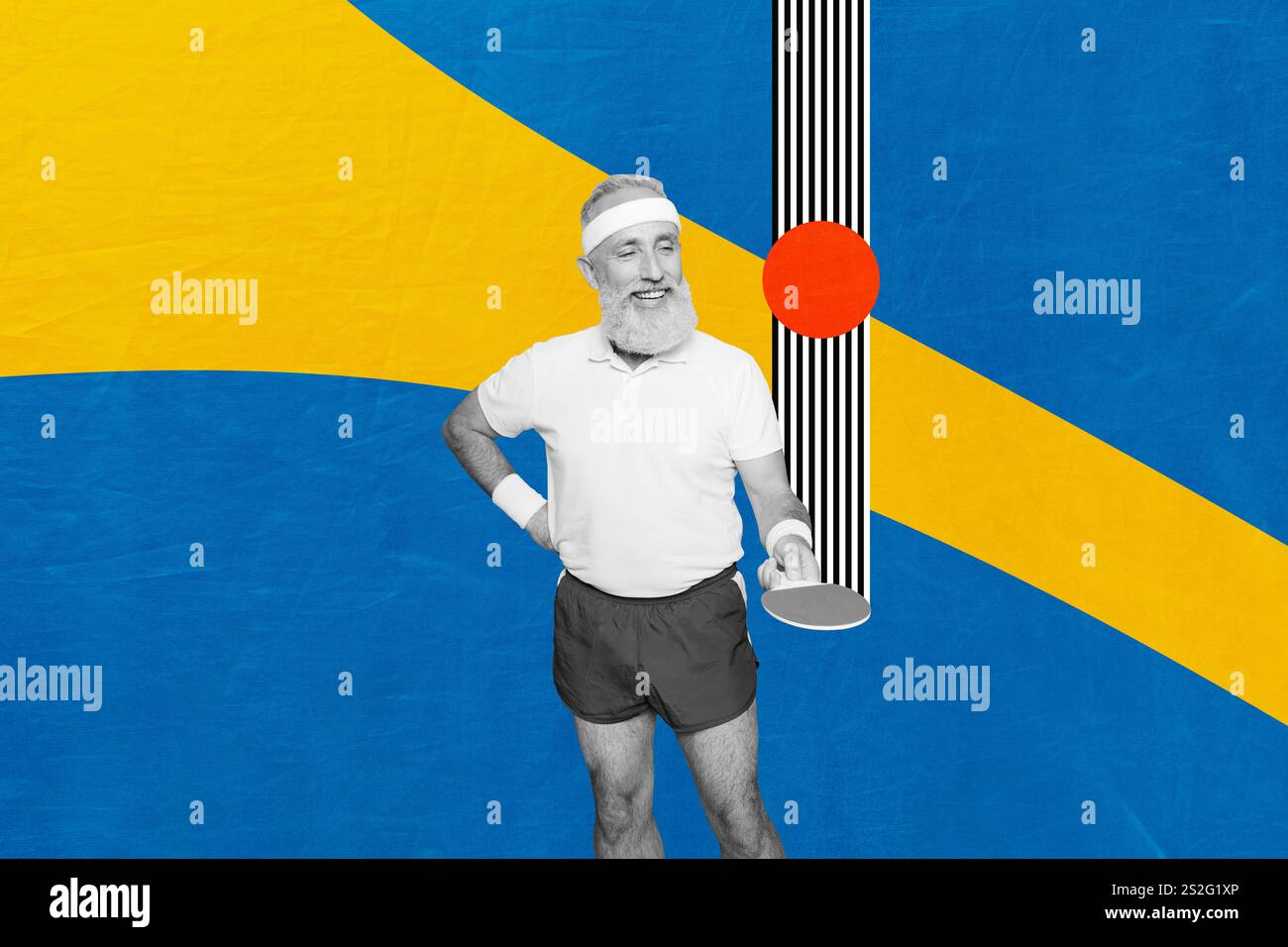 Composite tendance illustration croquis photo collage de l'élément de ligne zèbre homme âgé se tenir main tenue fusée balle de tennis sport entraînement de gymnastique Banque D'Images
