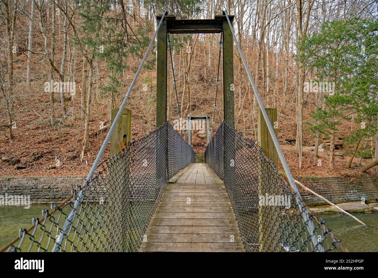 Une courte passerelle avec une clôture à maillons de chaîne pour la sécurité qui rebondit et oscille sur un câble traversant une partie de ruisseau d'un système de sentiers allant jusqu'au th Banque D'Images Une courte passerelle avec une clôture à maillons de chaîne pour la sécurité qui rebondit et oscille sur un câble traversant une partie de ruisseau d'un système de sentiers allant jusqu'au th Banque D'Images