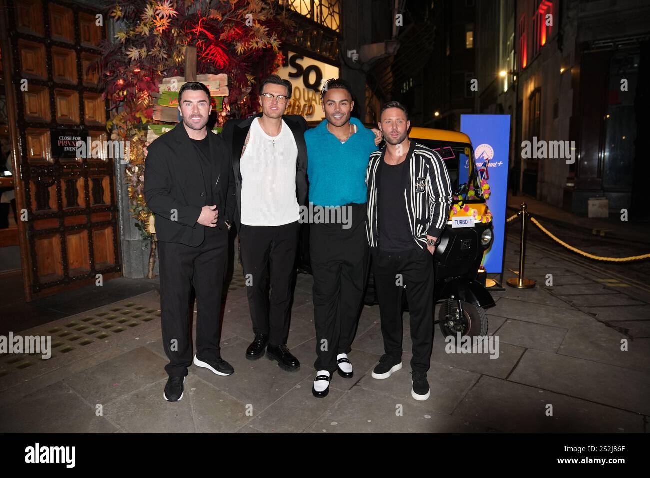 (De gauche à droite) James Tindale, Kyle Christie, Nathan Henry et Ricci Guarnaccio assistent à une soirée de lancement de la nouvelle série de Geordie Shore, au Thai Square Restaurant and Club, dans le centre de Londres. Date de la photo : mardi 7 janvier 2025. Banque D'Images