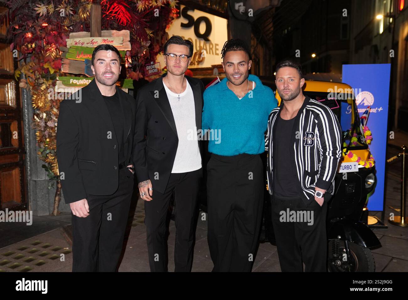 (De gauche à droite) James Tindale, Kyle Christie, Nathan Henry et Ricci Guarnaccio assistent à une soirée de lancement de la nouvelle série de Geordie Shore, au Thai Square Restaurant and Club, dans le centre de Londres. Date de la photo : mardi 7 janvier 2025. Banque D'Images