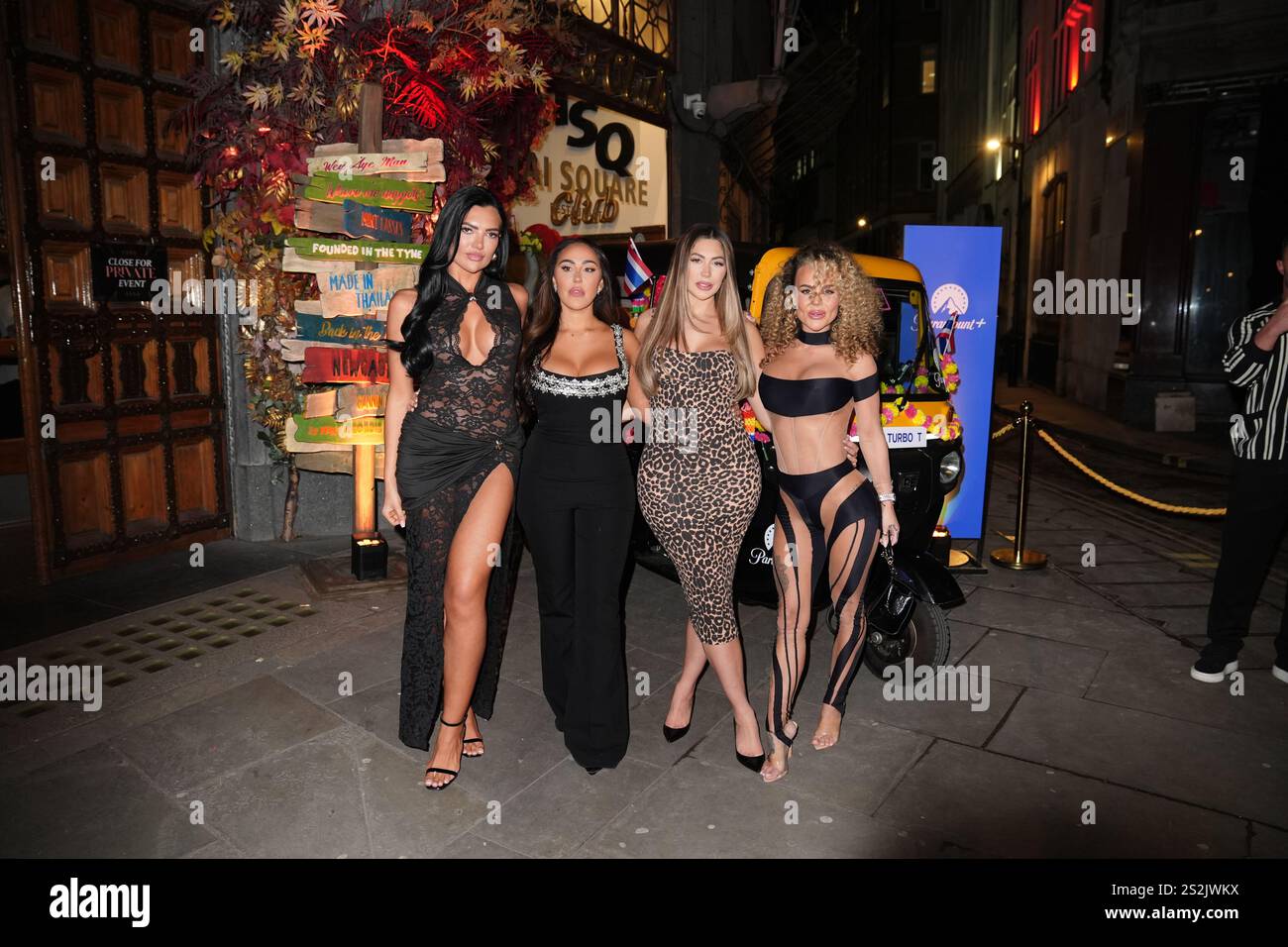 (De gauche à droite) Abbie Holborn, Sophie Kasaei, Chloe Ferry et Chantelle Connelly assistent à une soirée de lancement de la nouvelle série de Geordie Shore, au Thai Square Restaurant and Club, dans le centre de Londres. Date de la photo : mardi 7 janvier 2025. Banque D'Images