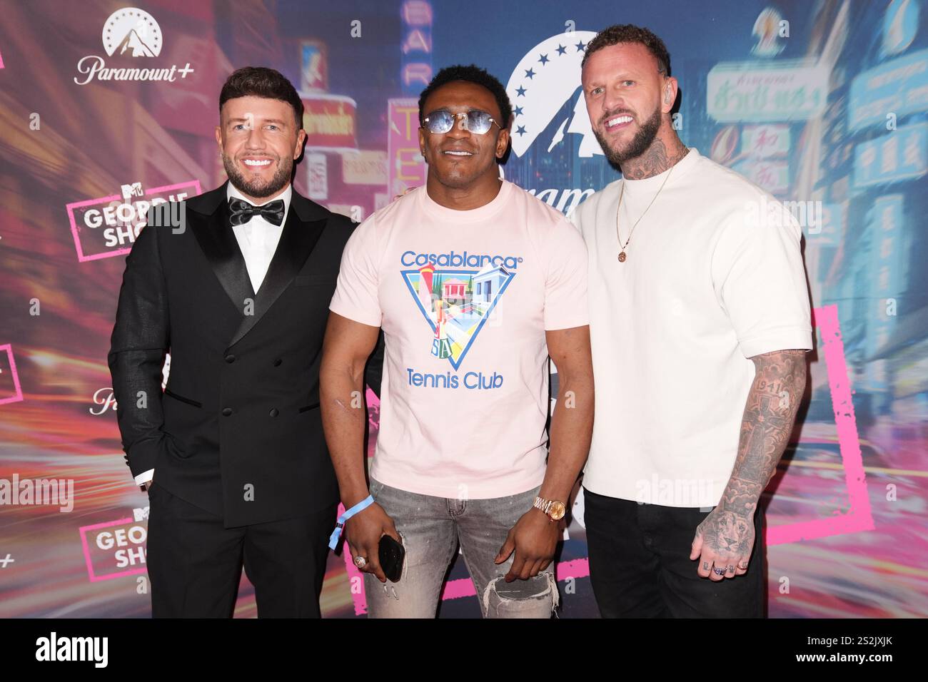 (De gauche à droite), Adam Nightingale, Alexander Henry et Ross McCarthy assistent à une soirée de lancement de la nouvelle série de Geordie Shore, au Thai Square Restaurant and Club, dans le centre de Londres. Date de la photo : mardi 7 janvier 2025. Banque D'Images