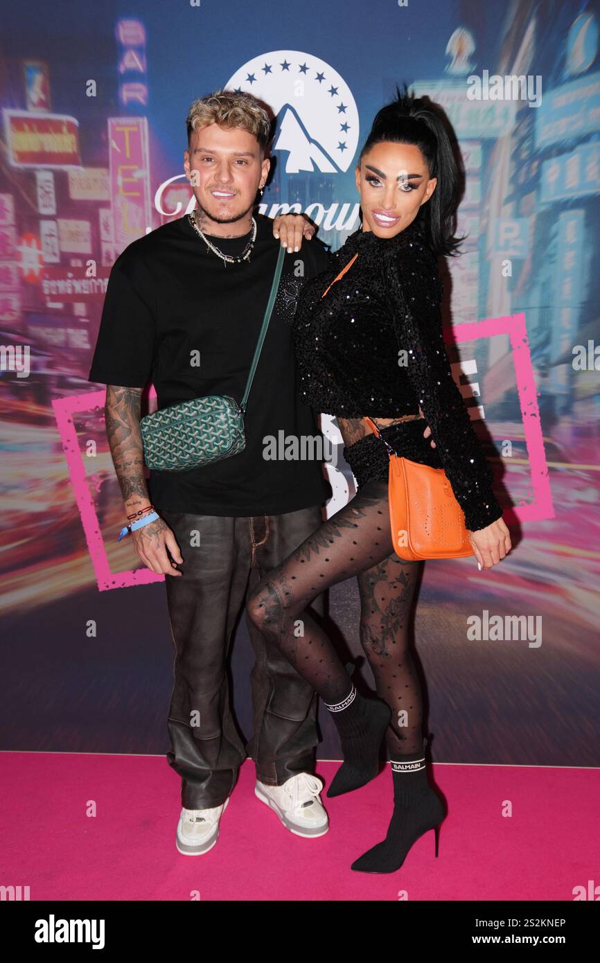 JJ Slater et Katie Price assistent à une soirée de lancement de la nouvelle série de Geordie Shore, au Thai Square Restaurant and Club, dans le centre de Londres. Date de la photo : mardi 7 janvier 2025. Banque D'Images
