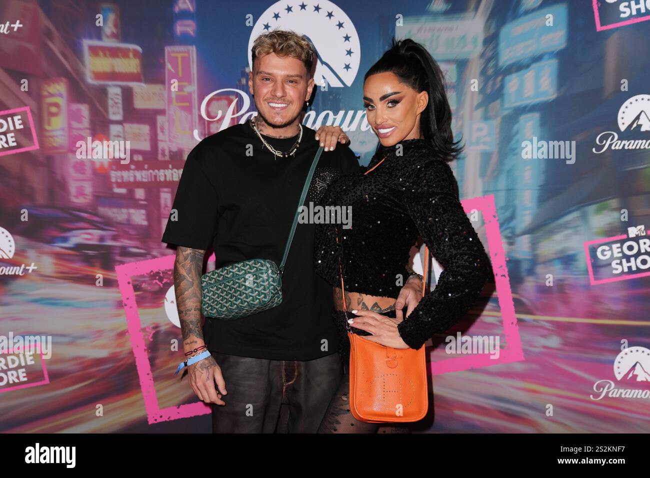 JJ Slater et Katie Price assistent à une soirée de lancement de la nouvelle série de Geordie Shore, au Thai Square Restaurant and Club, dans le centre de Londres. Date de la photo : mardi 7 janvier 2025. Banque D'Images