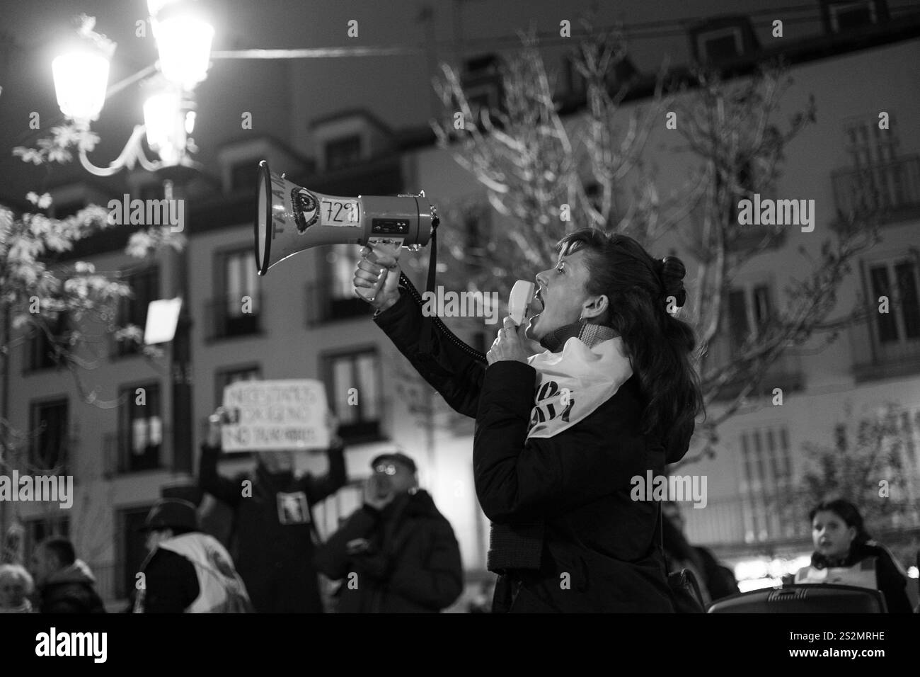 Des manifestants manifestent lors d'une manifestation contre le changement climatique et l'abattage massif d'arbres sur la Plaza Santa Ana à Madrid, le 7 janvier 2025, Espagne Banque D'Images