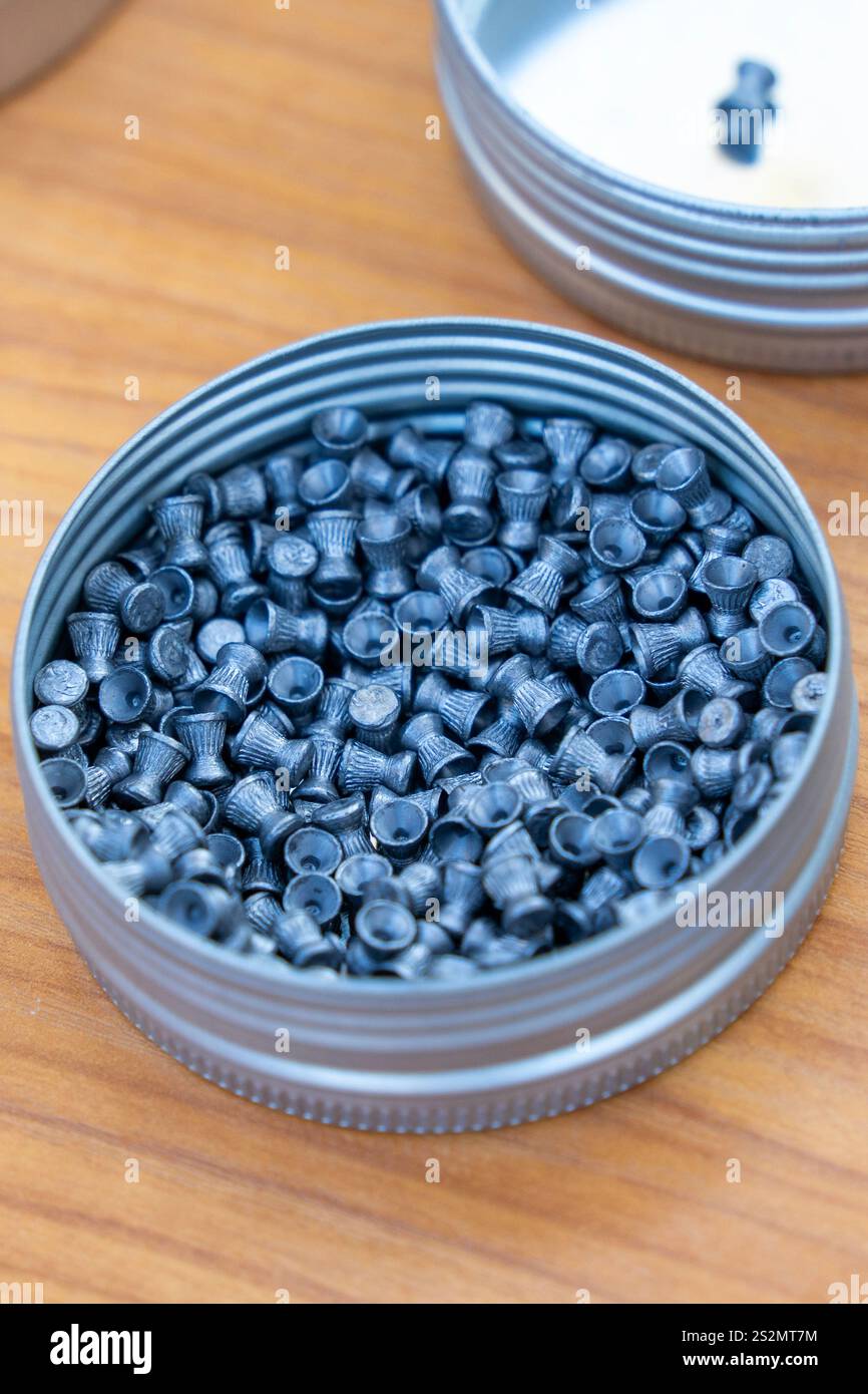 Munitions de fusil à air en métal dans une boîte métallique ronde dans une compétition de tir Banque D'Images