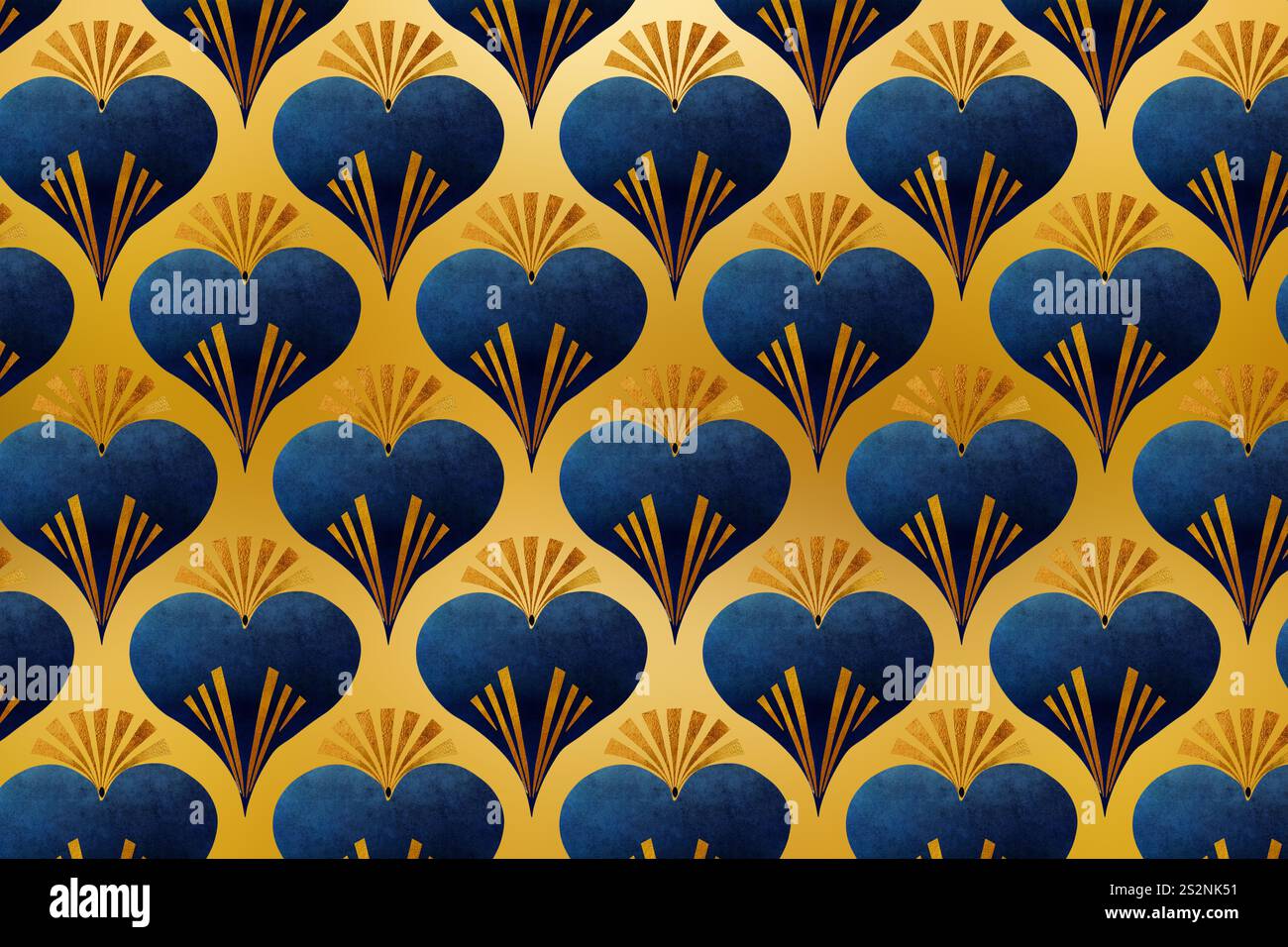 Fond d'inspiration Art déco avec des formes de coeur bleues avec des accents dorés et des motifs de ventilateur sur un fond doré Banque D'Images