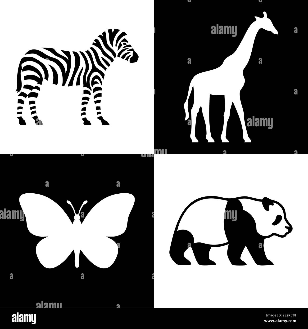 Illustrations animales en noir et blanc pour le développement de bébé Banque D'Images