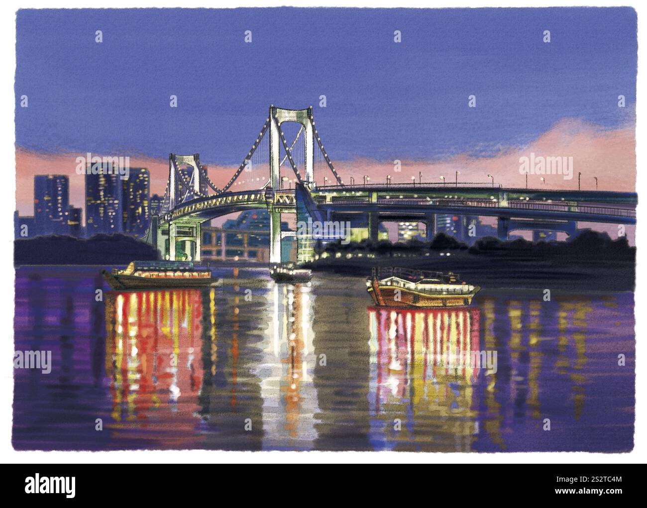 Rainbow Bridge et les bâtiments commencent à briller au crépuscule Banque D'Images