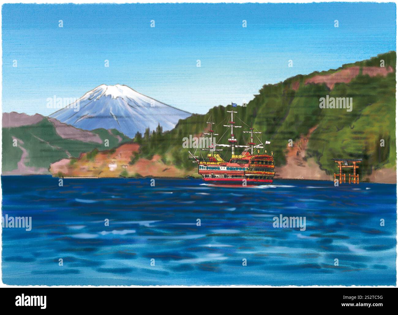 Feuilles d'automne et Mont Fuji vus depuis le bateau touristique du lac Ashinoko Banque D'Images