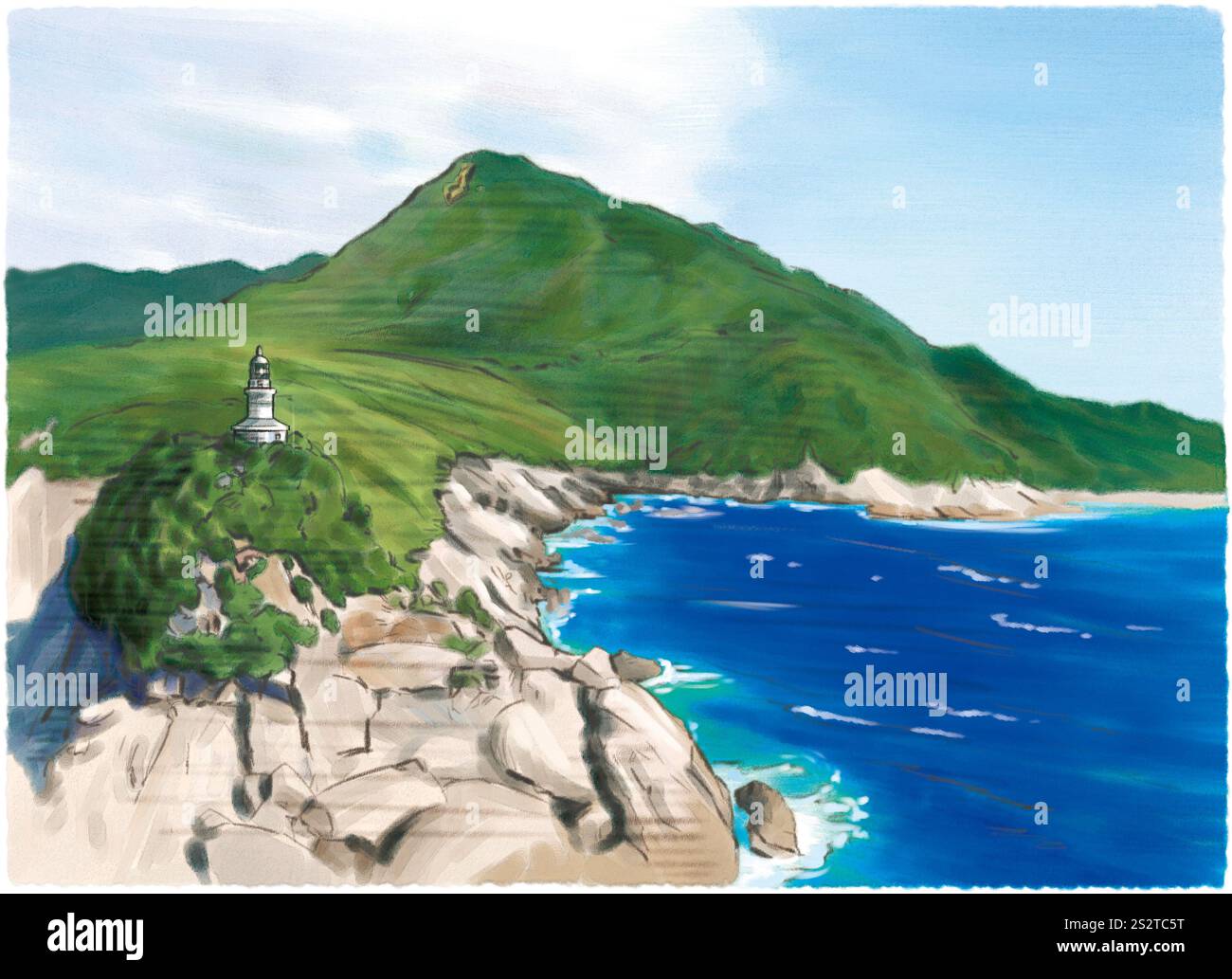 Phare blanc de Yakushima debout au milieu de la mer magnifique et de la verdure Banque D'Images