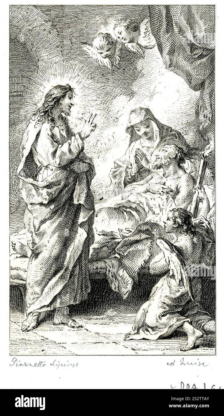 Francesco Bartolozzi - la mort de Saint Joseph, avec Christ bénissant le mourant et la Vierge priant à son épaule ; un ange s'agenouille tenant une torche à droite ; les têtes de deux anges au-dessus. 1756, 1943, 0709, 96. Banque D'Images