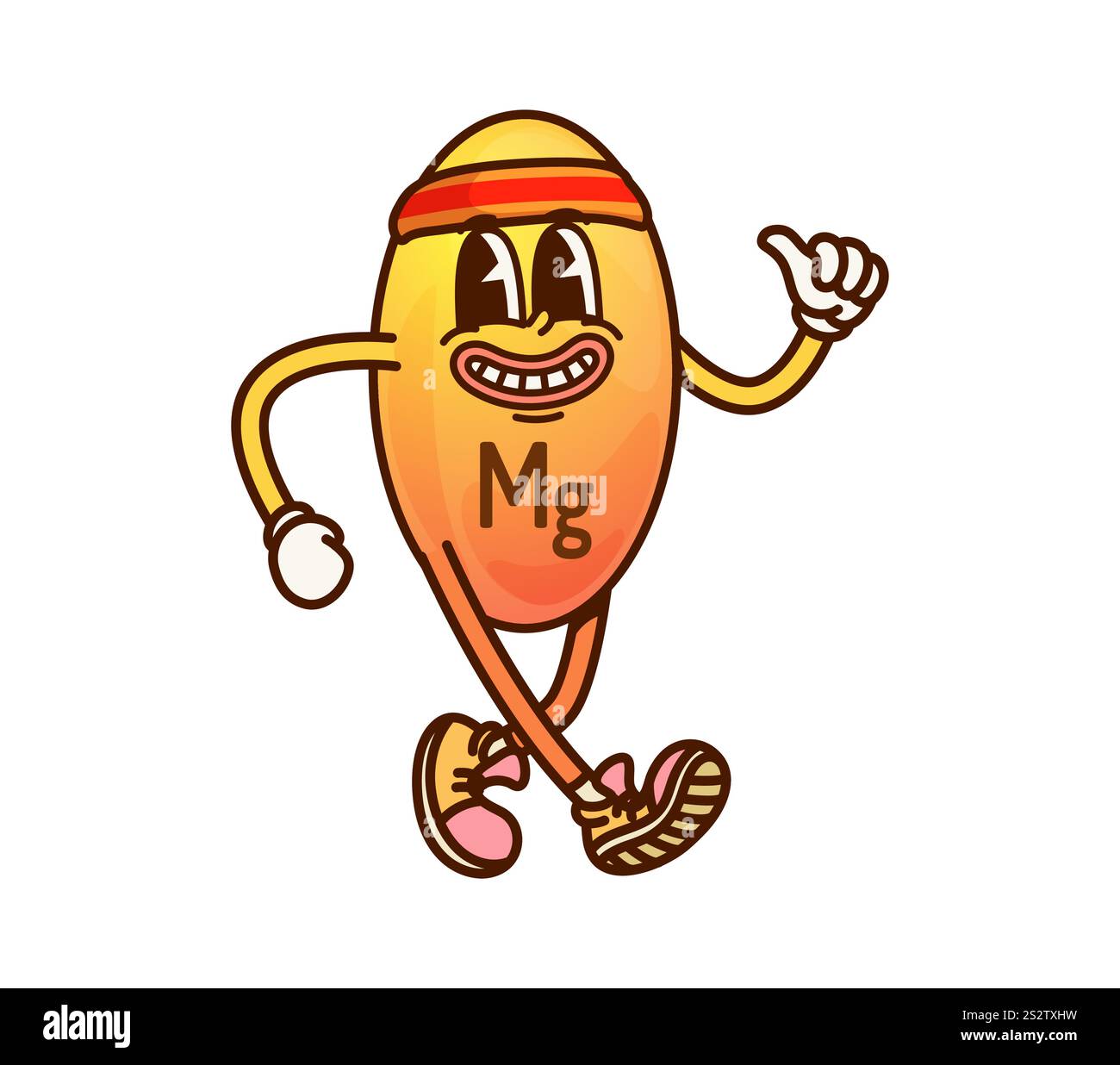 Caricature groovy vitamine magnésium et caractère micronutriment. Molécule mg vecteur isolé portant un bandeau de sport et des baskets donne un pouce vers le haut avec un large sourire enthousiaste, véhiculant une ambiance funky Illustration de Vecteur