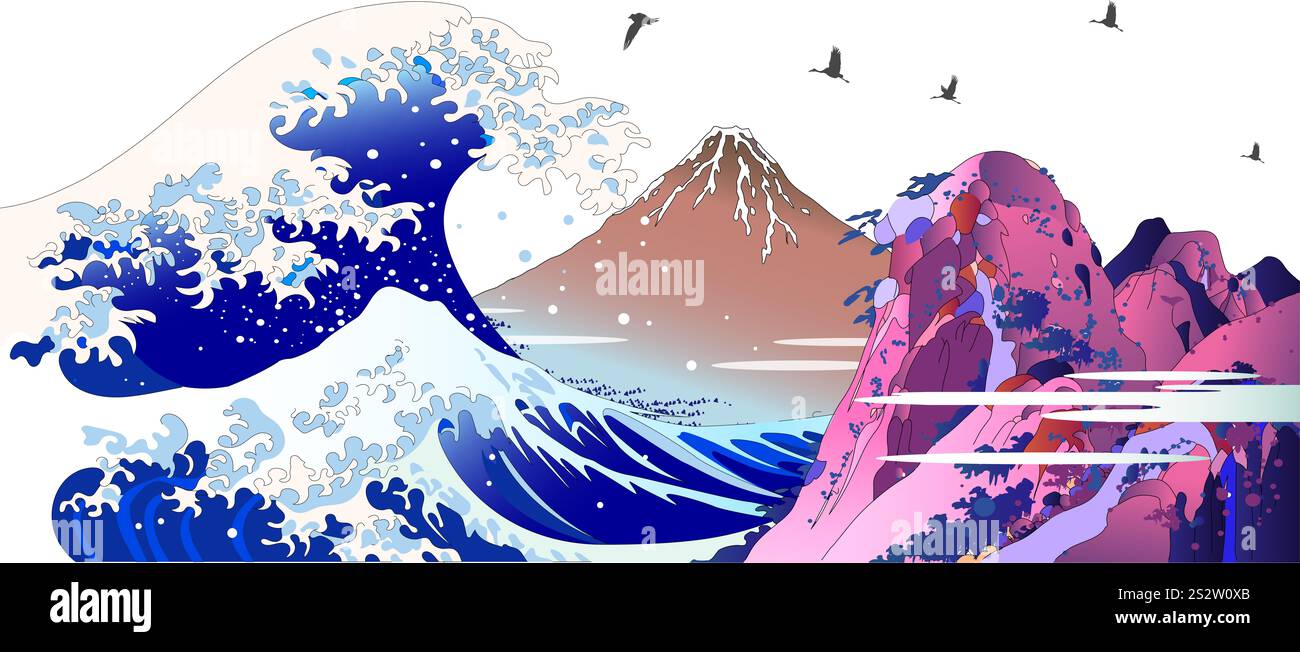 Ukiyoe, composition illustration de Hakone, grandes vagues et Fuji rouge par Hokusai. Banque D'Images