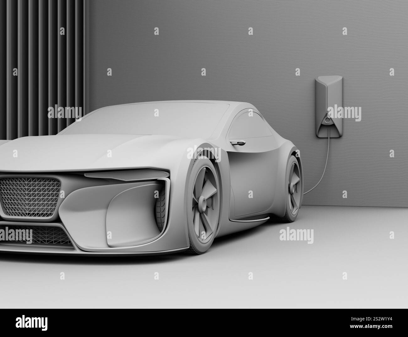 Image de rendu d'argile d'une voiture de sport électrique se chargeant sur une station de recharge domestique Banque D'Images