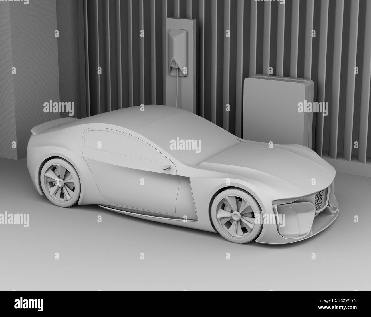Image de rendu d'argile d'une voiture de sport électrique se chargeant sur une station de recharge domestique Banque D'Images