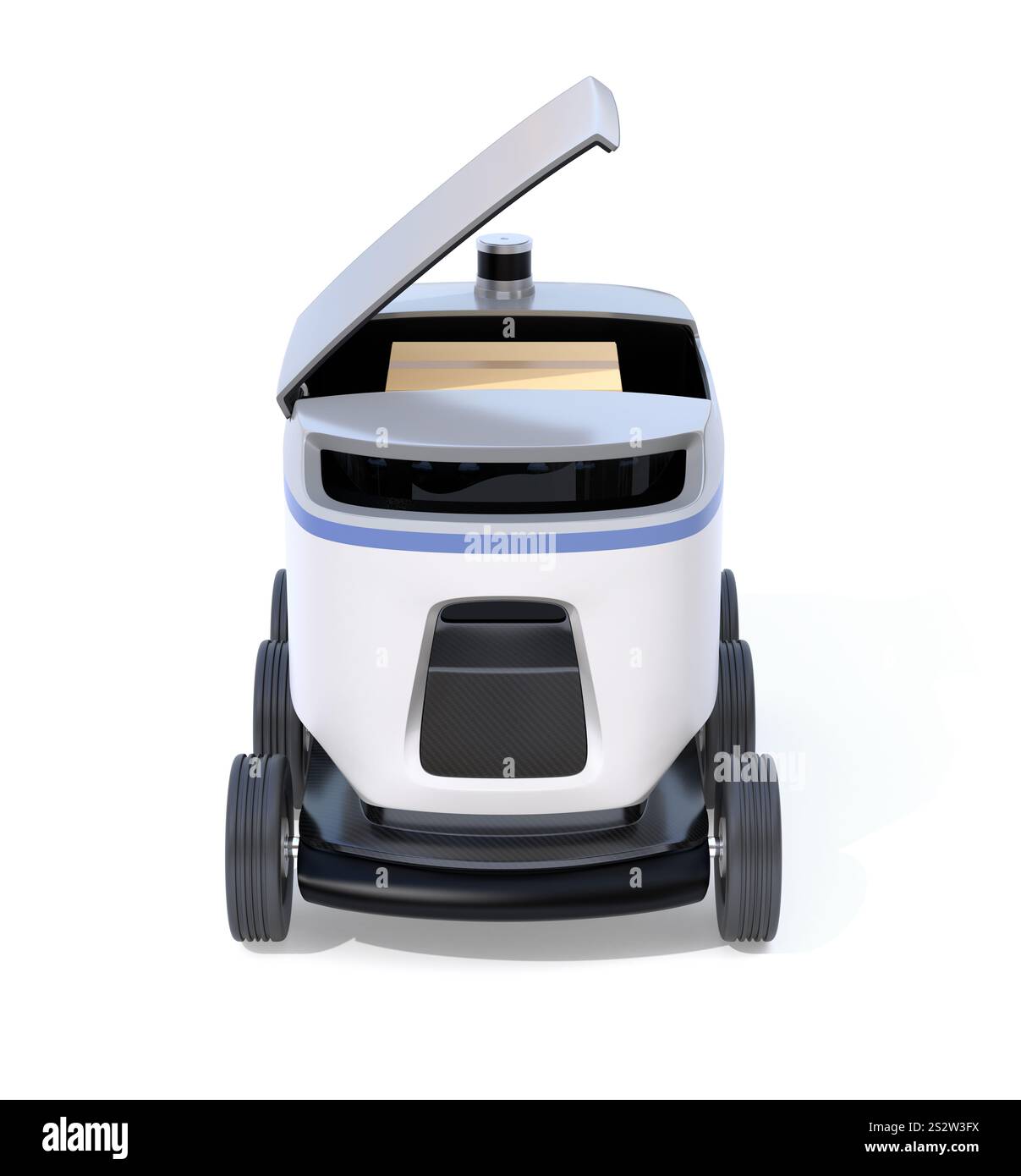 Image avant du robot de livraison sur fond blanc. Concept du dernier kilomètre Banque D'Images