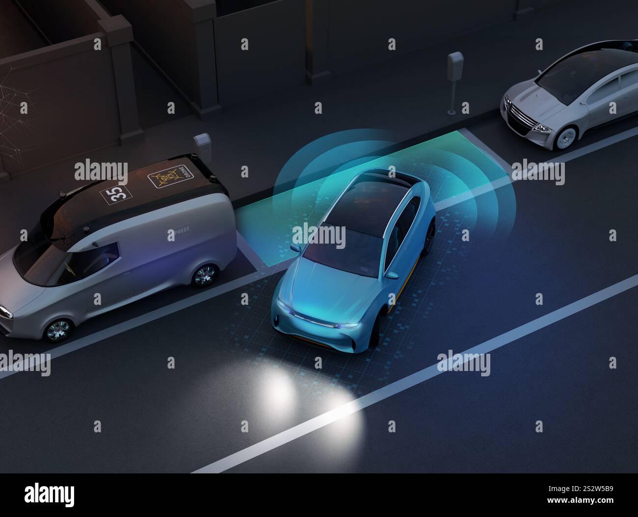 Parking en parallèle SUV la nuit avec système d'aide au conducteur de stationnement automatique Banque D'Images