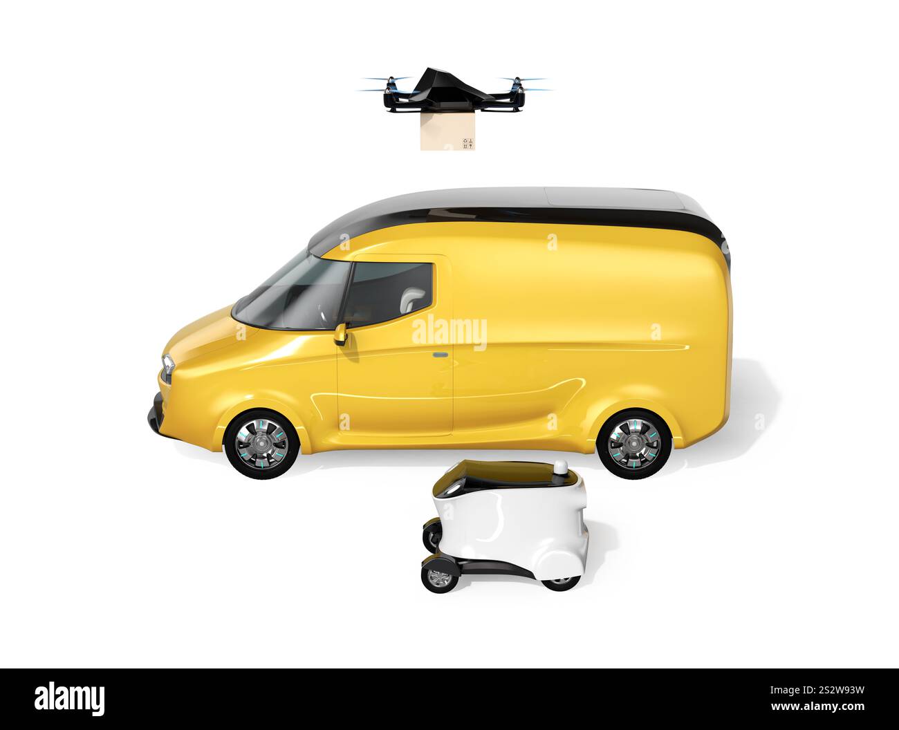 Image de drones de livraison, robots de livraison et véhicules de livraison électriques. Concept du dernier kilomètre. Banque D'Images