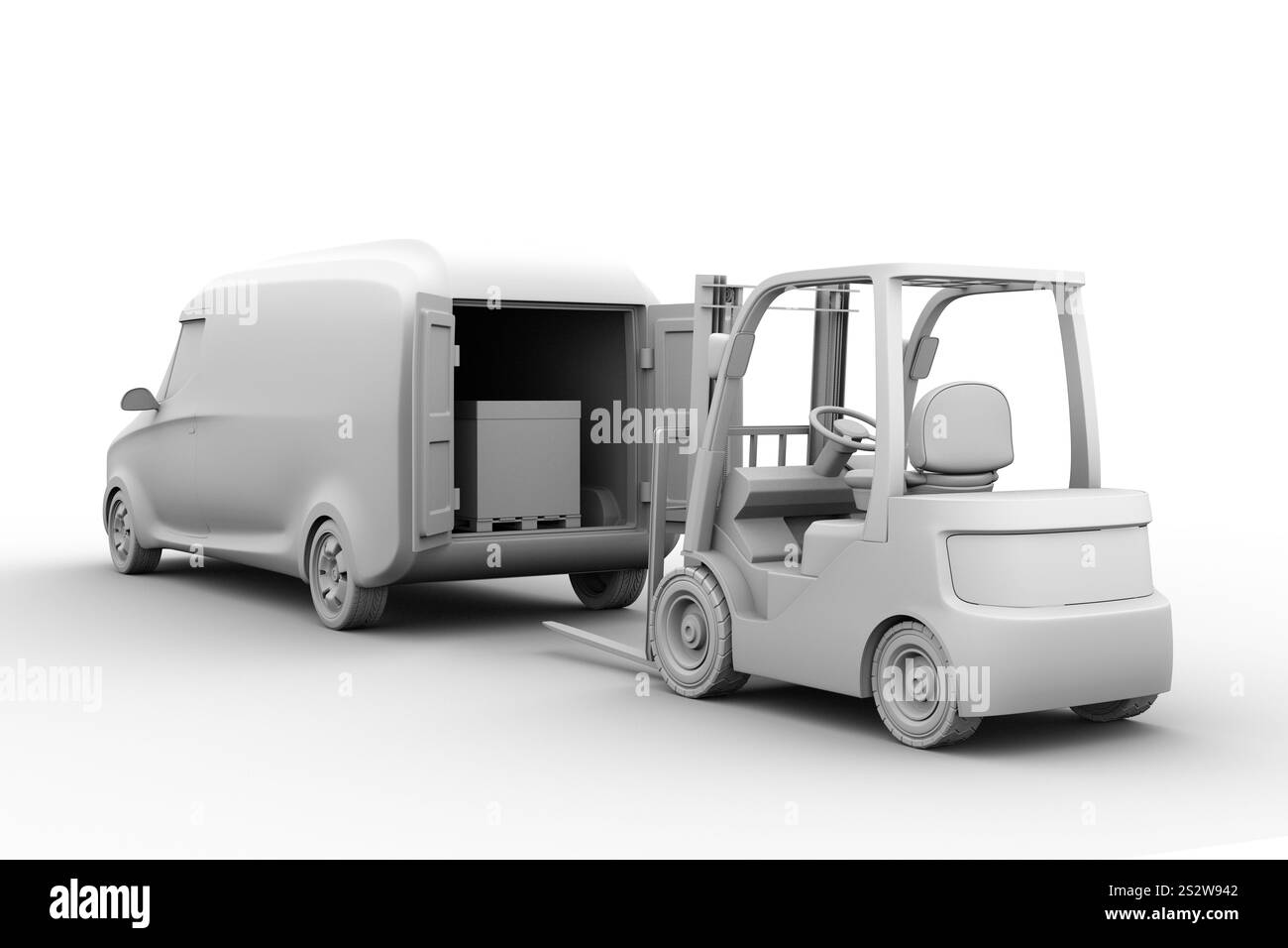 Image de rendu d'argile d'une camionnette de messagerie et d'un véhicule élévateur Banque D'Images Image de rendu d'argile d'une camionnette de messagerie et d'un véhicule élévateur Banque D'Images