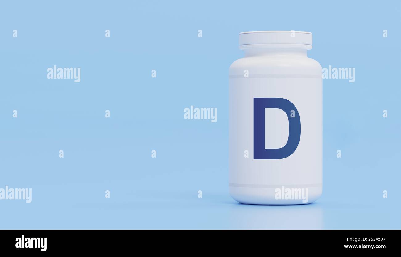 Bouteille avec étiquette de vitamine d, supplément de santé, os forts, système immunitaire amélioré, maintien de la santé générale, toile de fond bleu serein, vitamine d esse Banque D'Images