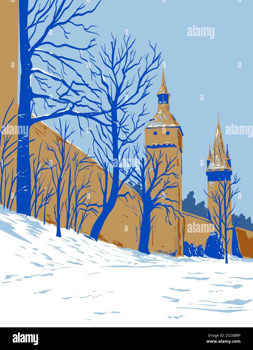 WPA affiche art du mur Musegg ou Museggmauer avec ses neuf tours dans la ville de Lucerne en Suisse pendant l'hiver fait en travaux projet A. Illustration de Vecteur