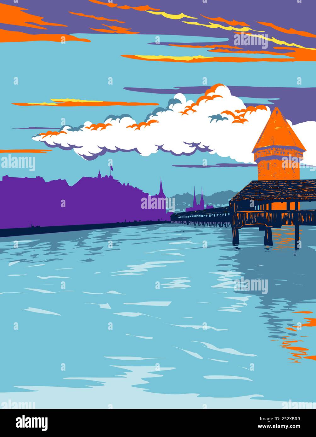 . Affiche WPA de la passerelle Kapellbrucke ou du pont de la chapelle sur la rivière Reuss avec le château d'eau Wasserturm à Lucerne, Suisse fait en travaux pro Illustration de Vecteur
