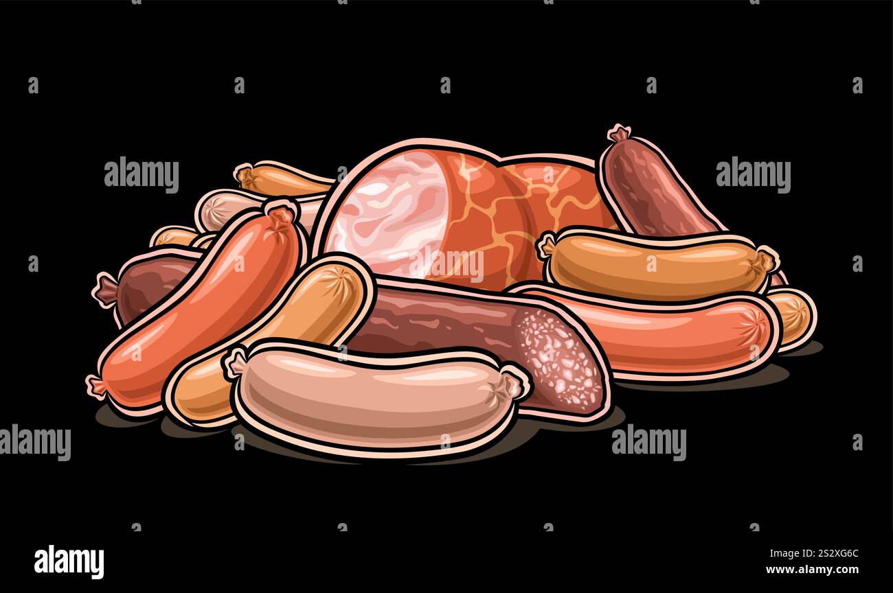 Logo vectoriel pour Delicatessen frais, affiche horizontale avec la composition de charcuterie naturelle brute de conception de dessin animé, panneau décoratif sombre pour saucisse Illustration de Vecteur