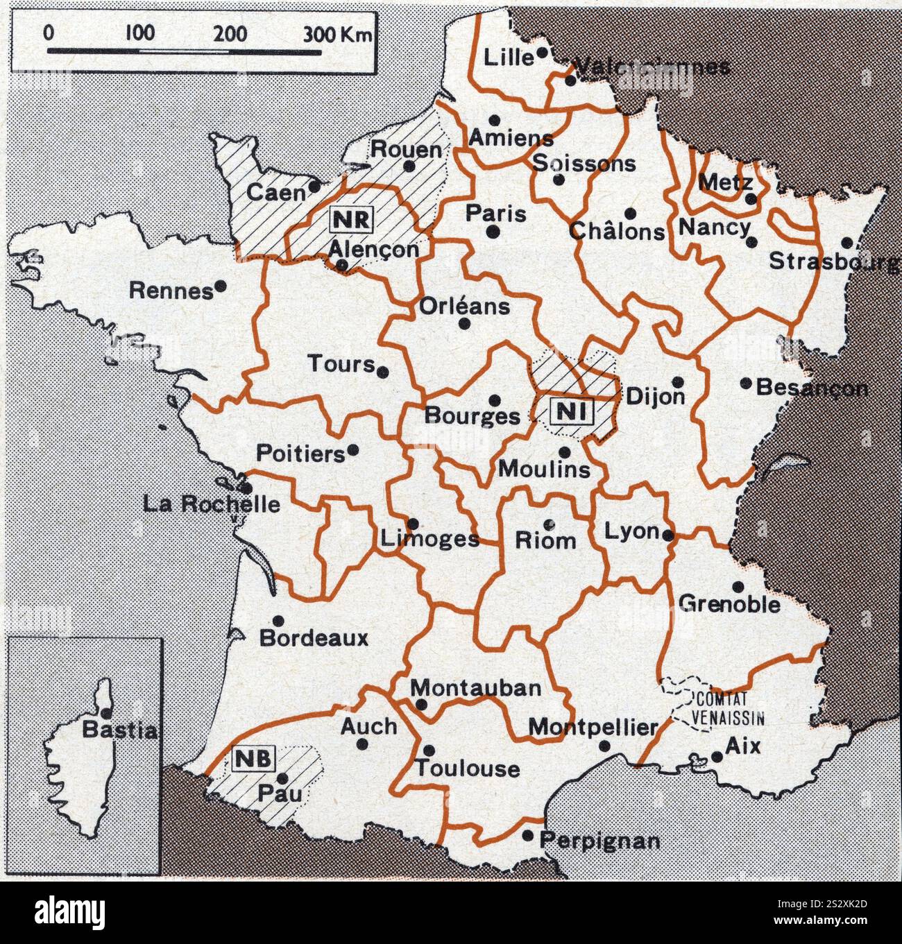 France. 1789. Carte des généralités. Les noms des villes où Siège l'intendant et qui donne son nom à la généralités Banque D'Images
