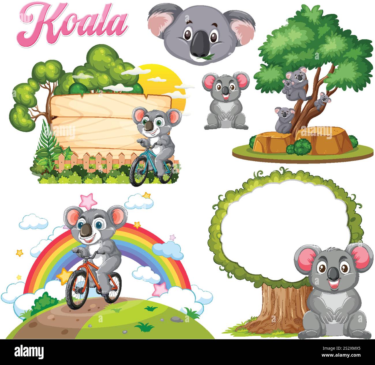 Koalas appréciant la nature avec des arbres et des arcs-en-ciel Illustration de Vecteur