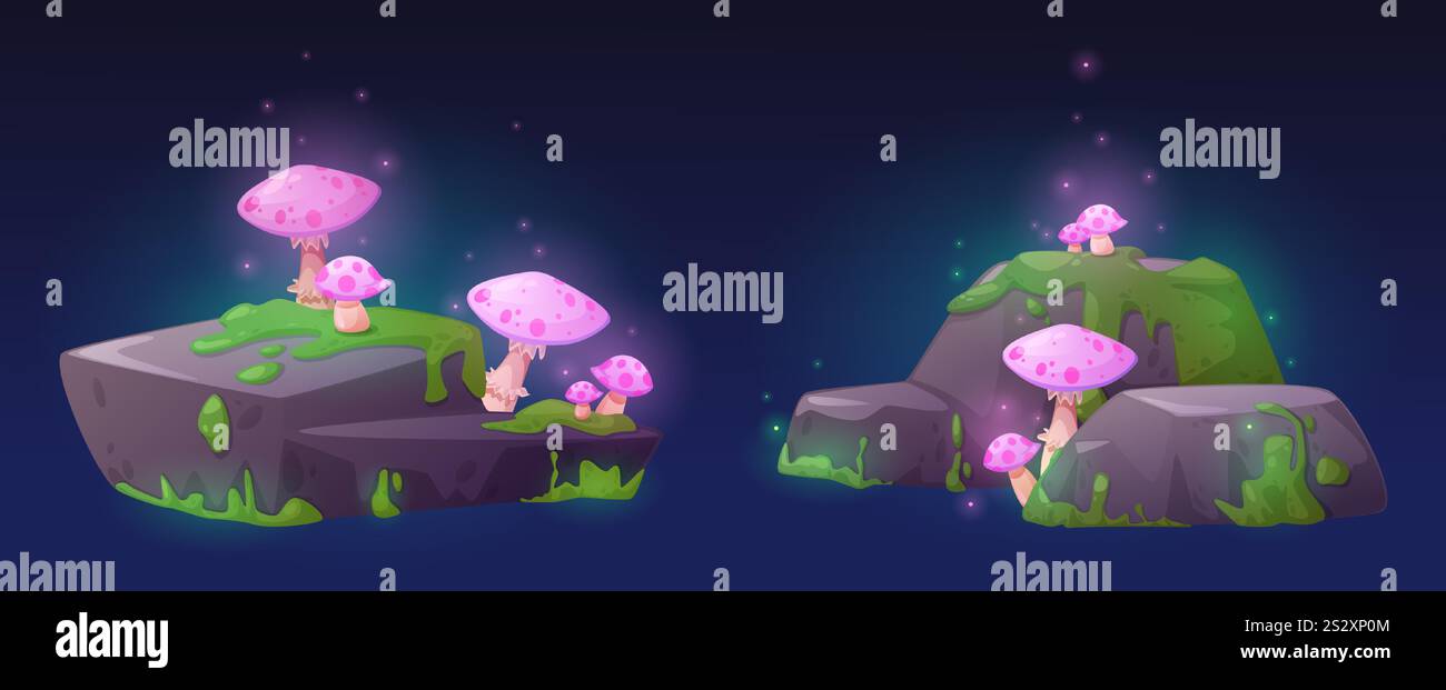 Champignons magiques roses incandescents sur des plates-formes en pierre moussue dans un environnement marécageux - scène mystique avec des particules étincelantes sur fond bleu foncé. Lieux de jeux fantastiques ou paysages forestiers enchantés. Illustration de Vecteur