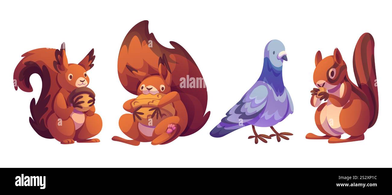 Ensemble de personnages de dessins animés mignons - écureuils moelleux tenant le gland et la noix dans différentes poses et colombe paisible avec plumage gris violet. Adorable collection de créatures forestières pour les enfants livre ou autocollants. Illustration de Vecteur