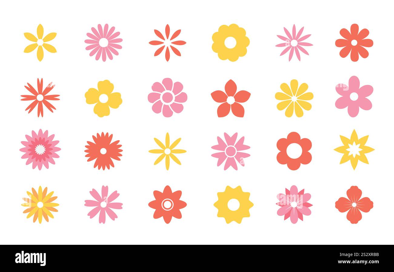 Ensemble de cliparts de dessin coloré de fleur. Fleurs de printemps multicolores clip art collection comme jonquille, camomille, Marguerite, narcisse et crocus plat Illustration de Vecteur