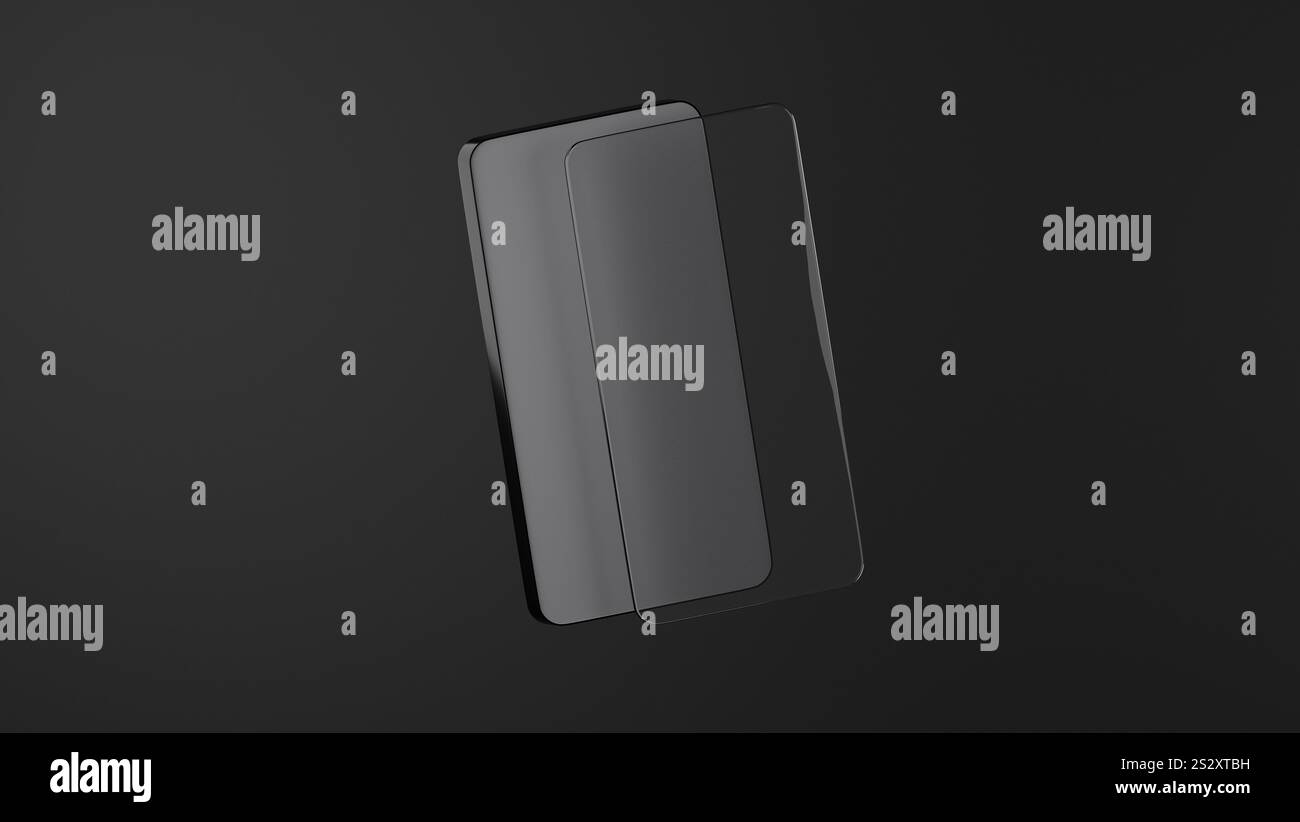Modèle 3D de téléphone portable et verre de protection sur fond sombre, téléphone Banque D'Images