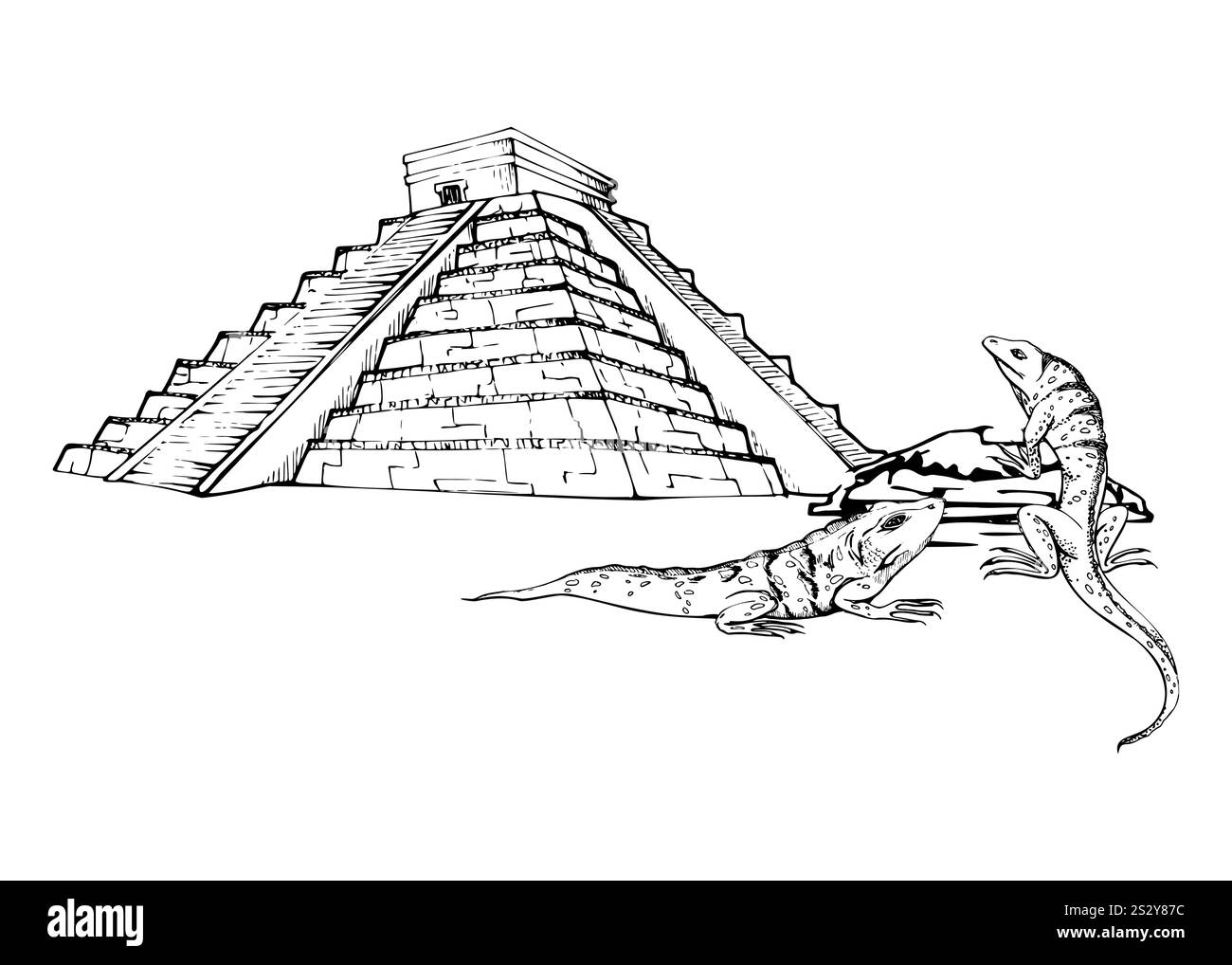 Monument antique égyptien aztèque Mésoamérique, ruines pyramidales de pierre site du patrimoine, lézards iguanes sauvages. Illustration vectorielle d'encre dessinée à la main. Isolé Illustration de Vecteur