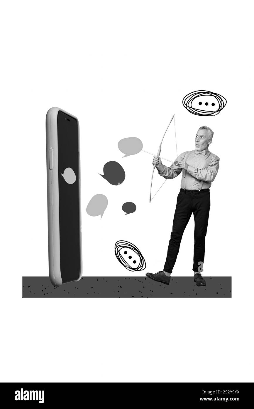 Collage vertical de noir blanc couleurs mini grand-père tenir arc tirer flèche envoyer soutien ukraine patriotique messages téléphone Banque D'Images