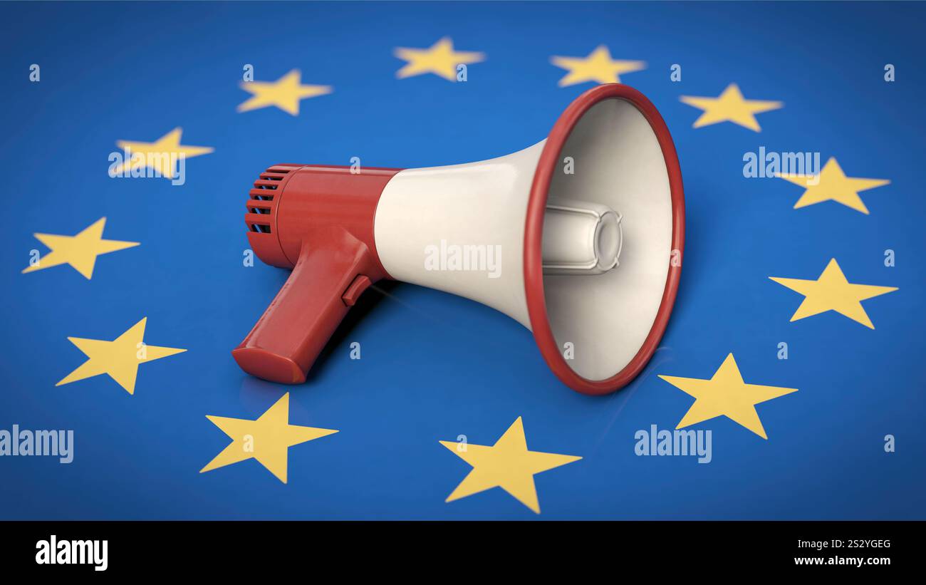 Mégaphone sur drapeau de l'UE Banque D'Images