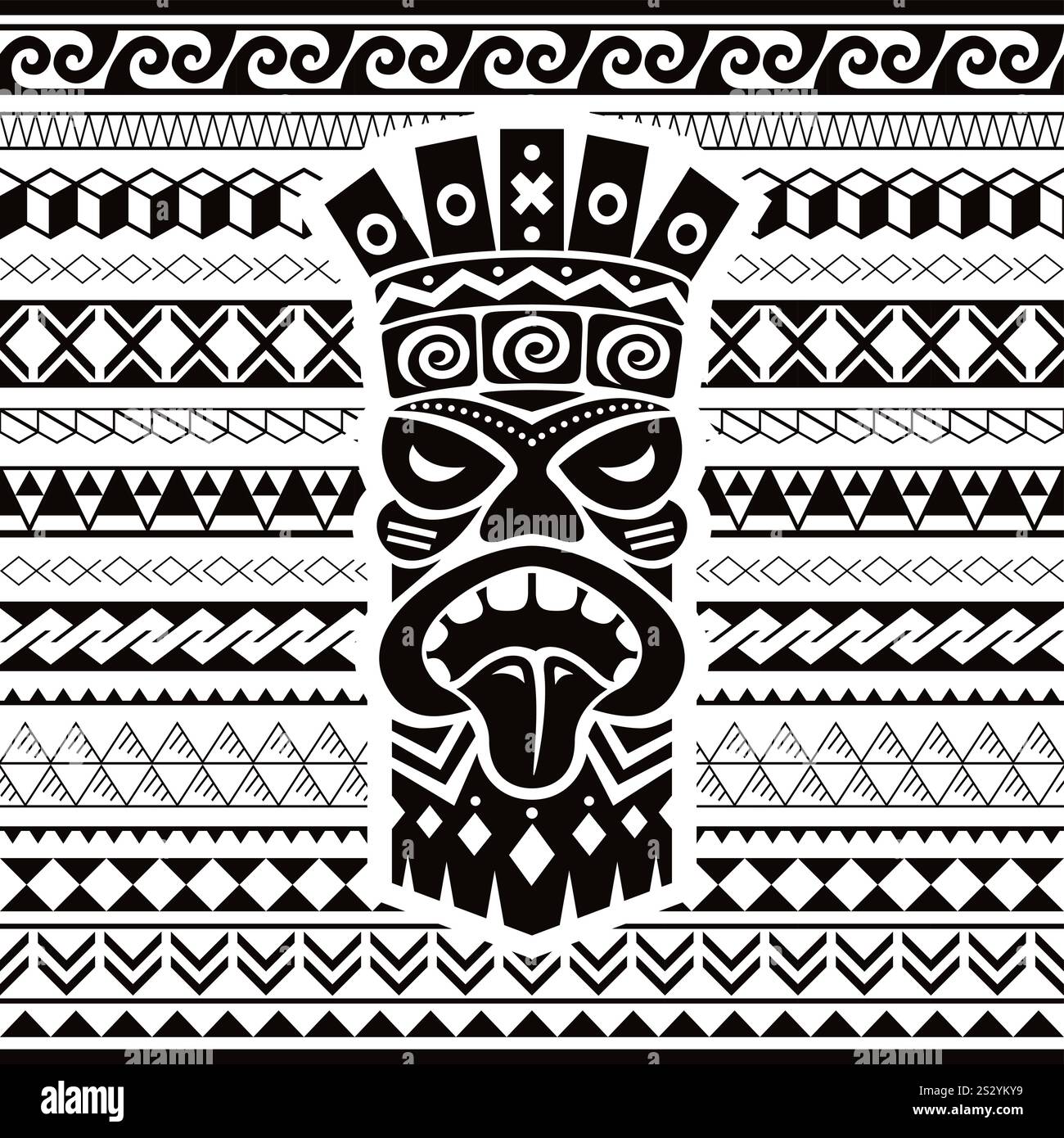 Motif vectoriel géométrique Maori polynésien sans couture avec tête totem, conception répétitive tribale hawaïenne en noir et blanc Illustration de Vecteur